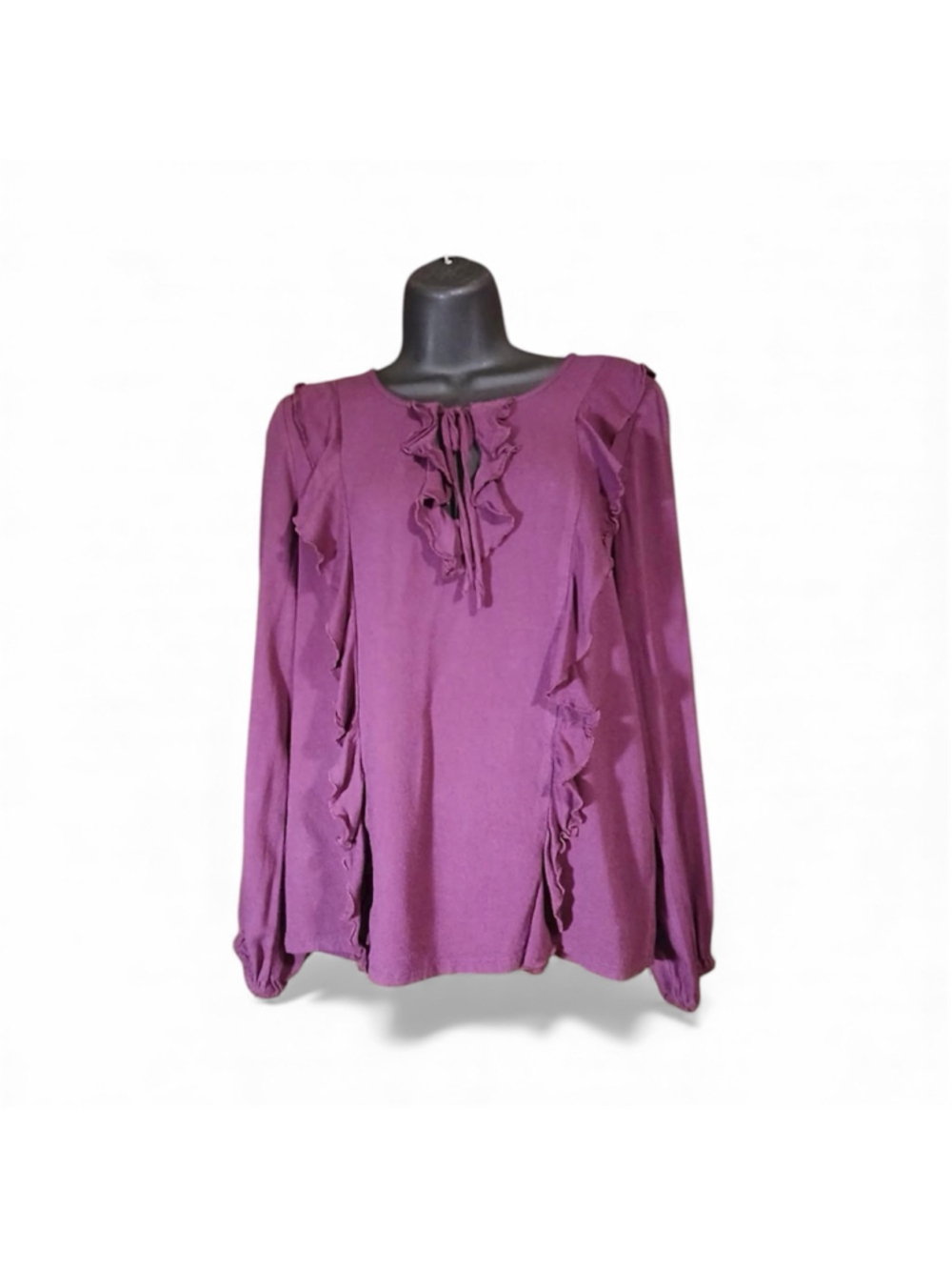 JustFab Women’s Small Ruffle Long Sleeve Blouse – Plum Purple (JC119)